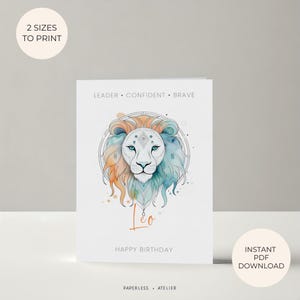 Carte d'anniversaire imprimable, carte Boho, zodiaque Lion, carte Lion, carte du zodiaque, anniversaire, carte de voeux imprimable, carte à téléchargement immédiat, bricolage