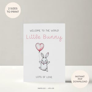 Tarjeta de nacimiento para bebé, tarjeta de nacimiento, conejito, niña, tarjeta de nacimiento, tarjeta rosa, tarjeta de felicitación para imprimir, tarjeta de descarga instantánea, bricolaje
