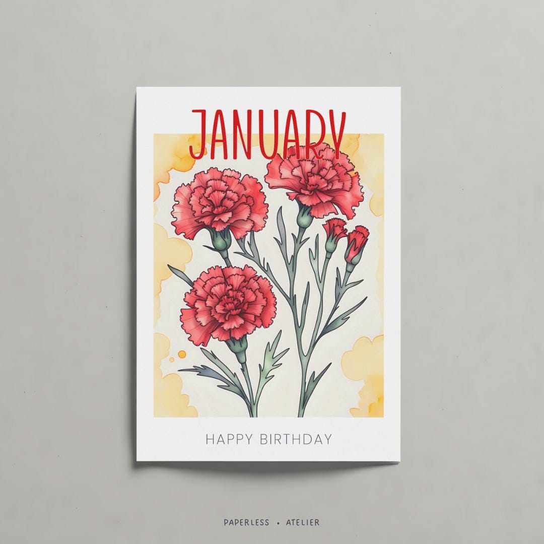 Printable Birthday Card, January Birth Flower Card, January Born, Born ...