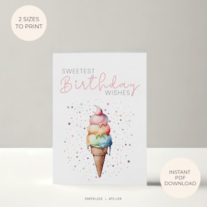 Printable Birthday Card, Ice Cream Card, Sweet Birthday, Summer Birthday Card, Printable Greeting Card, Instant Download Card, DIY