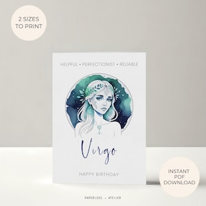 Printable Birthday Card, Boho Card, Virgo Zodiac, Virgo Card, Zodiacs Card, Birthday, Printable Greeting Card, Instant Download Card, DIY