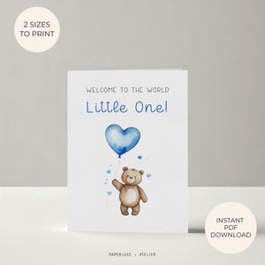 Tarjeta de nacimiento para bebé, tarjeta de nacimiento, osito, bebé niño, tarjeta de nacimiento, tarjeta azul, tarjeta de felicitación para imprimir, tarjeta de descarga instantánea, bricolaje