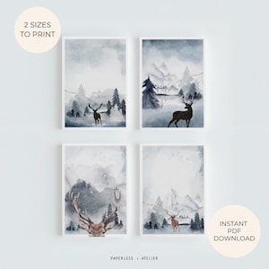 4x Printable Winter Greeting Cards, Winter Cards, All Occasions, Birthday, Christmas, Watercolour Deer Art, Printable Card, Instant Download
