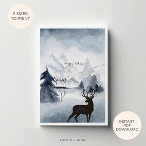 Afdrukbare winterverjaardagskaart, winterkaart, winterverjaardag, verjaardagskaart, aquarel hertenkunst, afdrukbare kaart, instant download