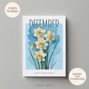 Afdrukbare verjaardagskaart, bloem geboorte december, geboren december, geboren in december, narcis, afdrukbare wenskaart, direct downloaden