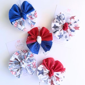 Shredded patriotic sparkle hair bow | pigtail clip or headband bow for babies and kids