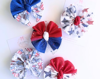 Shredded patriotic sparkle hair bow | festive clip or headband bow for babies and kids