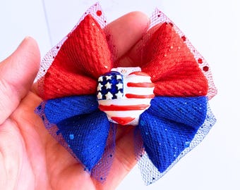 Stars & stripes glitter hair bow | patriotic 4th of July headband or clip accessory