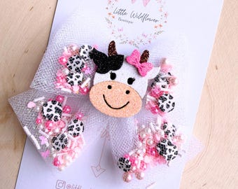 Glitter cow shaker bow | pink, black, white hair clip for kids
