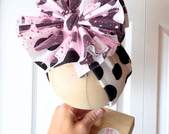 Shredded cow print glitter bow | pink, black glitter tulle, headwrap or clip