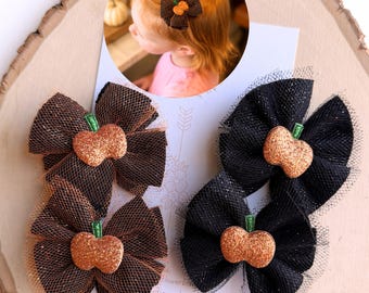 Pumpkin Hair Bow | Fall Pigtail Bows, Halloween Hair Bow, Glitter Pumpkin Bow, Toddler Hair Clips