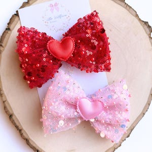Sweetheart tulle hair bow | beads and sequins bow valentine clip, red or pink