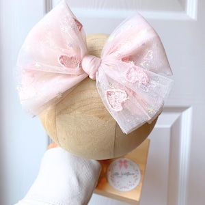 Tulle fairytale hair bow | embroidered heart bow, clip or headband for girls
