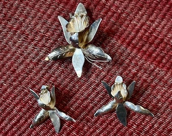 Sterling Silver Maricela Taxco Flower Brooch and Earrings Set - Etsy