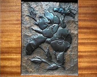 Japanese inspired floral hammered copper painting.