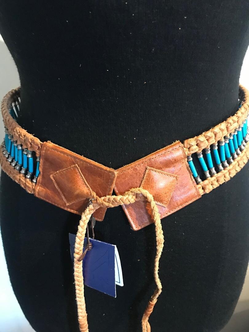 Eren Kobrinsky Coral Turquoise & Silver Beaded Black Suede Belt Hand Made Leather Belts - Etsy Israel main image 3