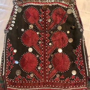 May include: A brown vest with red embroidery and white beads. The vest is decorated with silver buttons and a chain with silver charms.