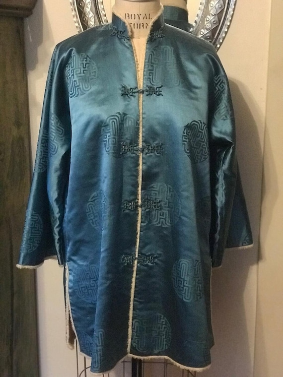 Vintage Silk Asian Royal Blue Embroidered Tapestry Jacket – Black