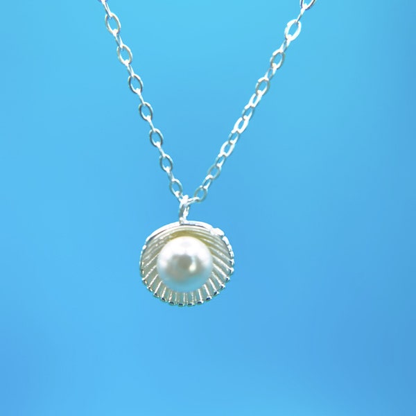 925 Sterling Silver Dainty Shell and Pearl Pendant Necklace, Elegant Shell and Pearl Necklace, Gift for Women,