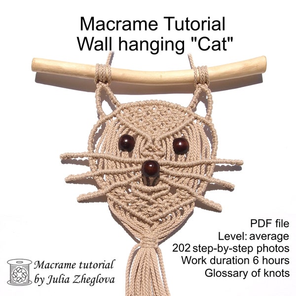 Macrame wall hanging pattern "Cat", pdf macrame tutorial, macrame cat pattern