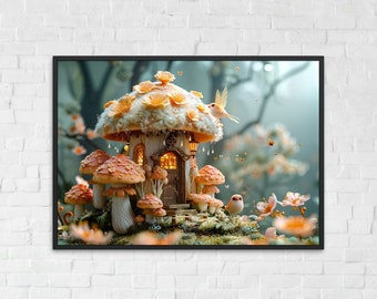Mushroom House Art Print, Enchanted Forest Wall Art, Mushroom Fantasy Art, Whimsical Decor, Cute Mushroom Art, Forest House, Woodland Decor