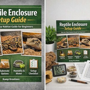 May include: A green and white book titled "Reptile Enclosure Setup Guide" with images of reptiles and habitat elements. The guide includes sections on heating, substrate, humidity, and a checklist. Additional items include a digital thermometer, food, and a pen.