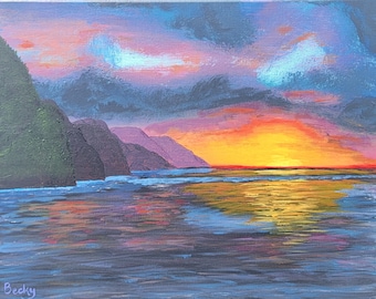 Pittura originale del tramonto tropicale