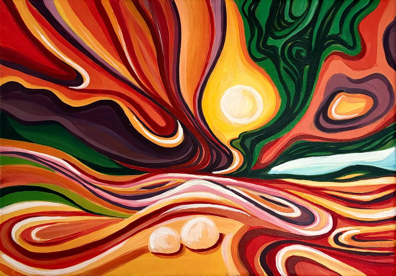 抽象風景画：キャンバスに描かれたカラフルなアクリル画、21 x 30 cm