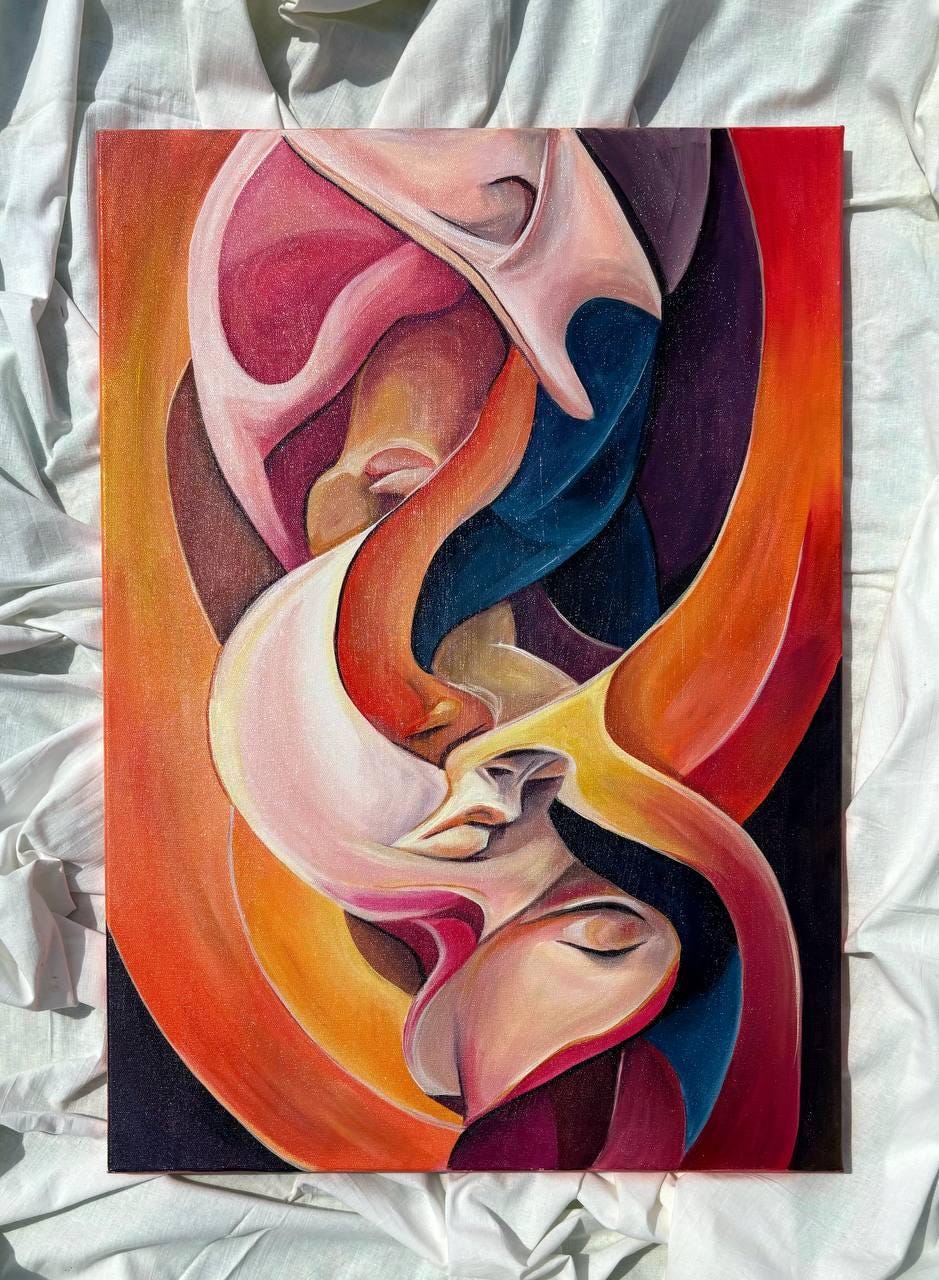 Original Abstract Painting - "Whispers" | 50x70 cm Acrylic on Canvas | Colorful Emotional Face Art for Modern Interiors by Margo NACAI