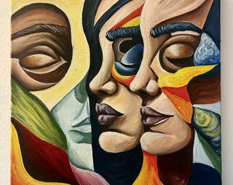May include: Abstract painting featuring three faces with closed eyes, painted in shades of yellow, orange, red, blue, green, and brown.