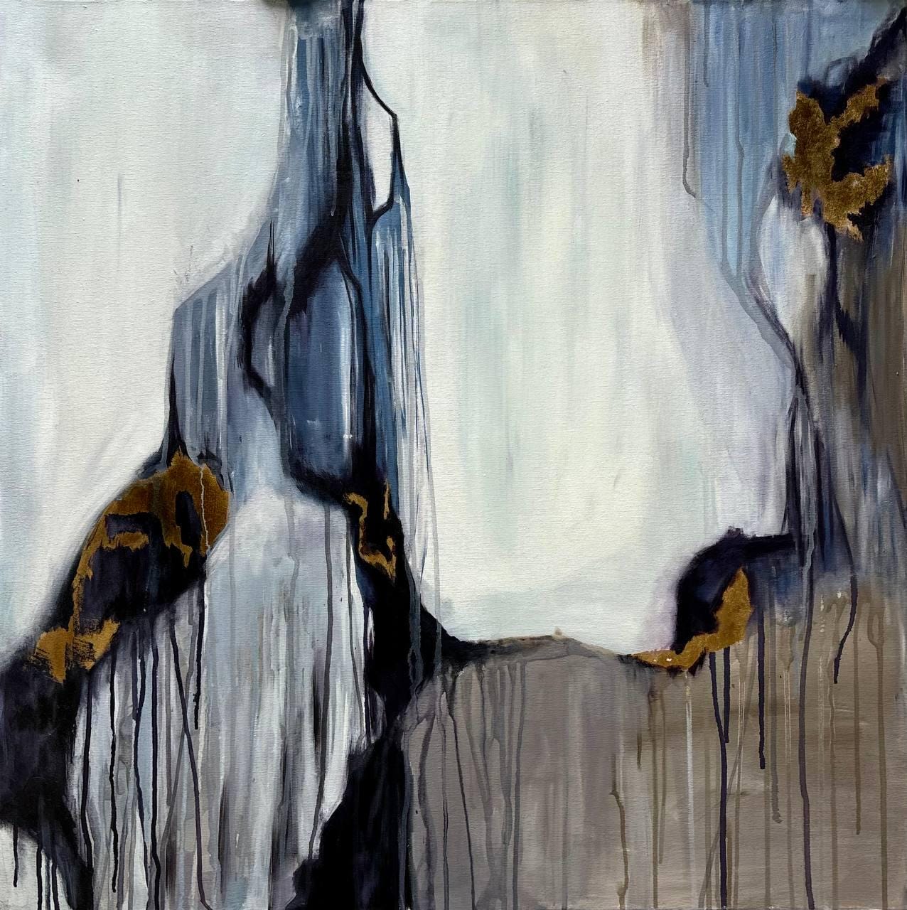 抽象アクリル画 金箔アート 金箔を施した抽象アクリル画：モダンウォールアート（85 x 85 cm