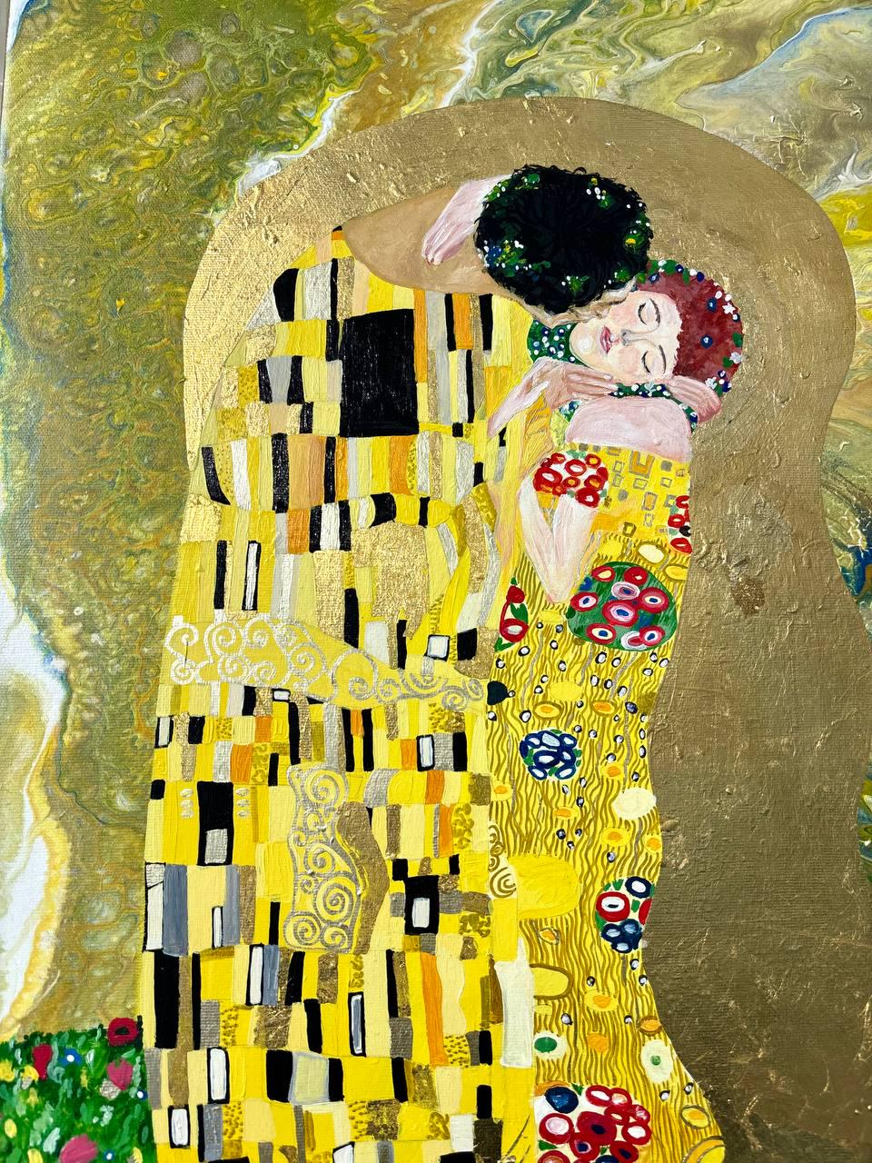 クリムトにインスパイアされた絵画：金箔アクリル流体アート（70 x 55