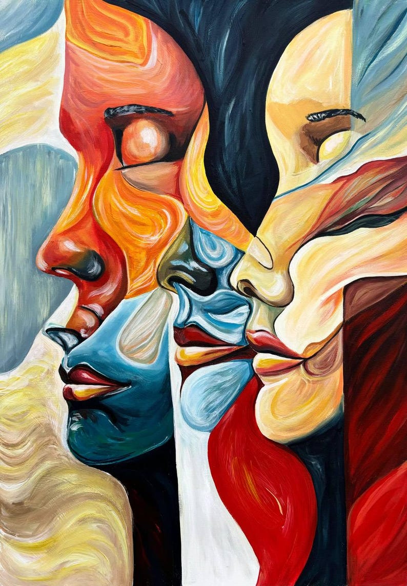 Abstract Faces Painting: Surrealistic Home Decor Art (50x70cm) - Etsy