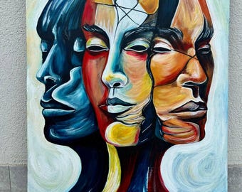The HARMONY Of THREE-Abstract Surrealistic Artwork Home Decor Psychological Painting Faces Colors Original Modern Artwork by Margo NACAI