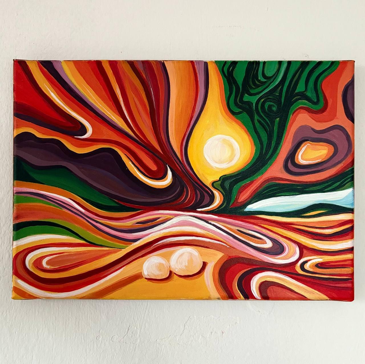 抽象風景画：キャンバスに描かれたカラフルなアクリル画、21 x 30 cm