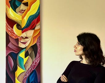 FACES - Modern Abstract Artwork Faces in Lines Original Contemporary Art Large Painting by Margo NACAI