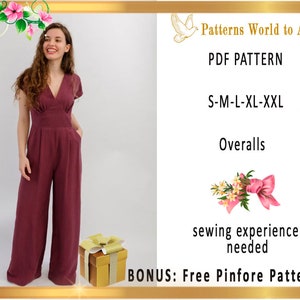 V-neck pattern for women overalls, both with trousers and shorts. Original print in PDF format. For classic style fashionistas.