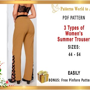 May include: A PDF pattern for three types of women's summer trousers in sizes 44 to 54. The pattern includes a bonus free pinfore pattern. The image shows a model wearing a pair of the trousers in a brown color.
