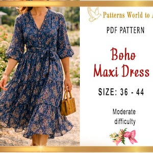 Könnte beinhalten: Ein blaues Boho-Maxikleid mit floralem Muster, V-Ausschnitt, Knopfdetails und Bindegürtel. Das Kleid hat Dreiviertelärmel und einen Stufenrock. Das Bild enthält auch den Text "Boho Maxi Dress" und "SIZE: 36 - 44".