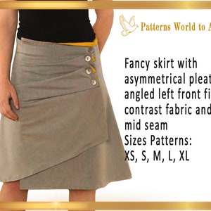 May include: A gray skirt with asymmetrical pleats, angled left front fit, contrast fabric, and a mid seam. The skirt has yellow buttons and a yellow trim at the waist. Sizes: XS, S, M, L, XL. Patterns World to All.