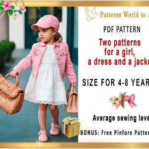 Puede incluir: Una niña con una chaqueta vaquera rosa y un vestido blanco sostiene un bolso de mano marrón. La imagen incluye texto que dice "Patterns World to All", "PDF PATTERN", "Two patterns for a girl, a dress and a jacket", "SIZE FOR 4-8 YEARS", "Average sewing level" y "BONUS: Free Pinfore Pattern".