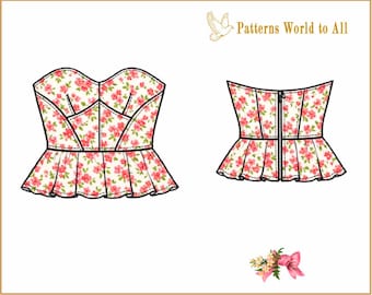 Corsé | Top bustier floral | Corsé peplum sin tirantes | Top romántico de verano | Ropa cottagecore | Patrón de corsé en PDF | Corpiño peplum