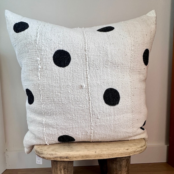 Beige and Black Polka Dot Mudcloth Pillow Cover, African Malian Cotton Mud Cloth Sham 20"x20"