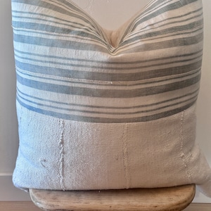 Beige and Green Striped  Mudcloth Pillow Cover, African Malian Cotton Mud Cloth Sham