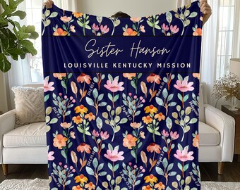 LDS Missionary Personalized Blanket, Navy Floral Design, Velveteen Plush Blanket, Missionary Gift