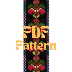 May include: A black and white beaded bracelet with a colorful floral pattern. The bracelet has a repeating pattern of red, green, yellow, and blue flowers. The text "PDF Pattern" is printed in orange on the bracelet.