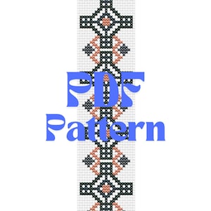 May include: A black and white beading pattern with a geometric design. The pattern includes black, white, and peach colored beads. The text "PDF Pattern" is written in blue letters.