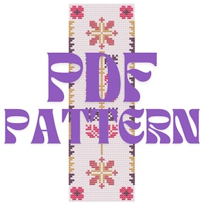 May include: PDF pattern for a cross stitch design featuring a white background with a repeating pattern of red, pink, and gold flowers. The text "PDF PATTERN" is in purple.