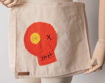 Orange Skull Pattern Women's Crossbody Bag, Women's Shoulder Bag, Women's Macbook Bag, Canvas Cotton Laptop Bag