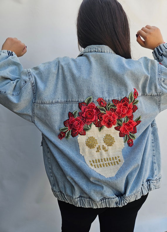 Veste en jean pour femme veste en jean avec dentelle veste en jean tete de mort veste en jean brodee veste en jean desing ceket en jean oversize Etsy Canada